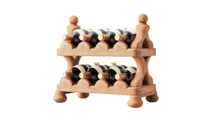 A wooden wine rack elegantly displaying several bottles, perfect for home decor or wine storage solutions.