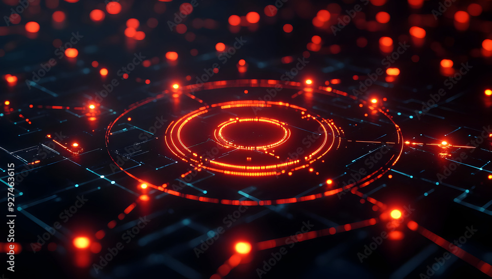 Poster dynamic abstract technology background with glowing red circles and dots on a dark grid pattern, cre