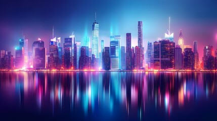Neon Skyline Cityscape - Night Lights Reflection