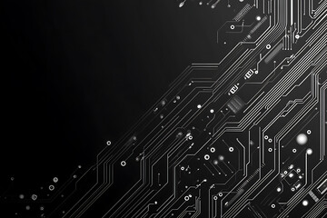 A modern abstract circuit design with silver lines and dots on a sleek dark background, ideal for technology-related templates and web design.