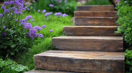 Serene Garden Pathway with Wooden Steps and Flowers