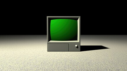 A vintage television with a green screen, isolated against a dark, minimalist backdrop.