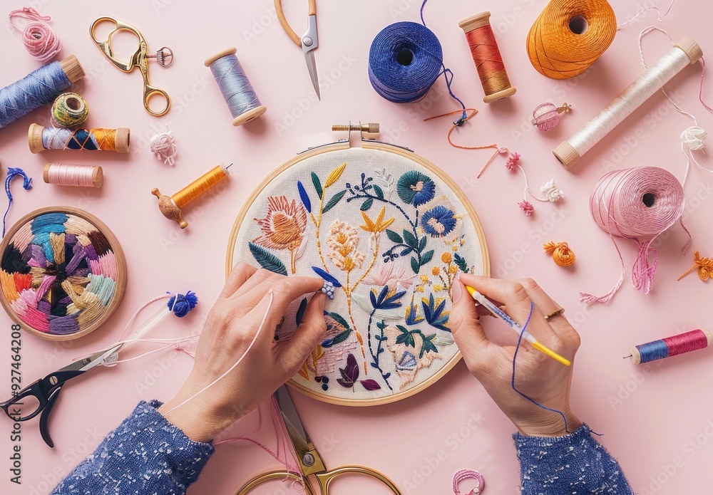 Poster hands working on colorful embroidery, surrounded by various threads and tools on a soft pink backgro