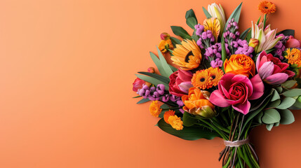 Fototapeta premium Colorful bouquet of various flowers, including roses and sunflowers, arranged against a vibrant orange background, symbolizing joy and celebration.