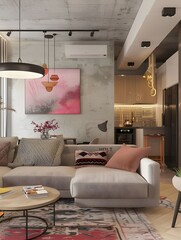 The interior is cozy used, a neutral color palette with pink and scarlet accents and accents made of natural materials, geometric furniture, modern and stylish appearance