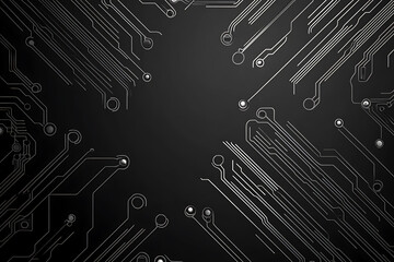 A modern abstract circuit design with silver lines and dots on a sleek dark background, ideal for technology-related templates and web design.