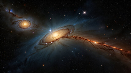 A binary star system, with stellar material flowing between the two stars. Background