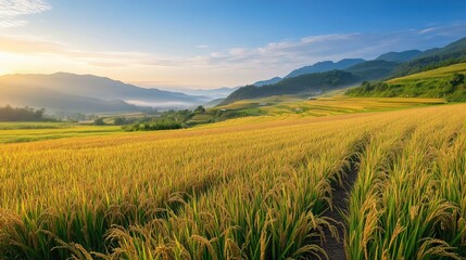 A vast golden rice field at sunrise, with dew on the stalks and a faint mist in the distance