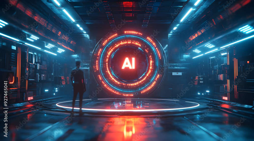Poster futuristic ai interface with neon lights, showcasing advanced technology in a sci-fi environment. pe