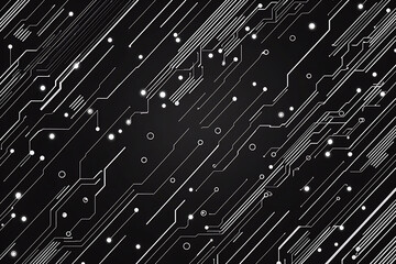 A modern abstract circuit design with silver lines and dots on a sleek dark background, ideal for technology-related templates and web design.