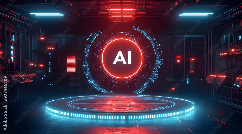Poster futuristic ai technology concept with glowing neon lights and a circular display in a high-tech envi
