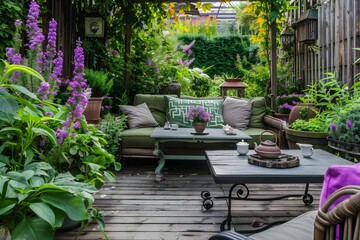 Fototapeta premium The villa garden courtyard, with wooden flooring, is covered with green plants and purple flowers on both sides. A tea table with exquisite tea utensils on it. Surrounded by a comfortable sofa