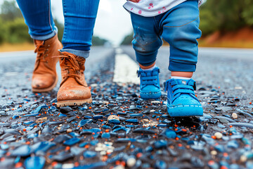 Father and child enjoy a walk on a pebbled path showcasing the warmth of family love and the bond of parenthood.