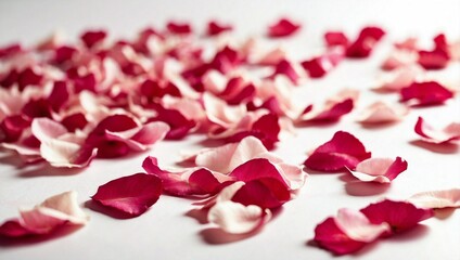 Red roses and rose petals on white background valentines day con.