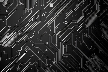 A modern abstract circuit design with silver lines and dots on a sleek dark background, ideal for technology-related templates and web design.
