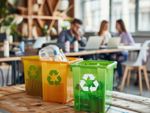 People working in a collaborative office space with recycling bins for plastic and paper waste