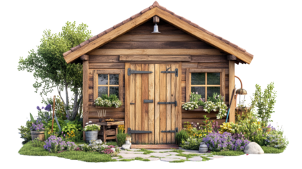 Charming wooden cottage surrounded by vibrant flowers and greenery, perfect for cozy living or countryside retreats.