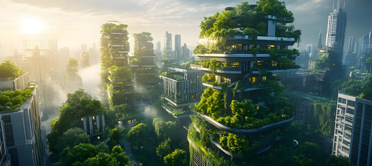 Obraz premium Futuristic cityscape with vertical gardens and greenery, showcasing innovative architecture and sustainable urban living.