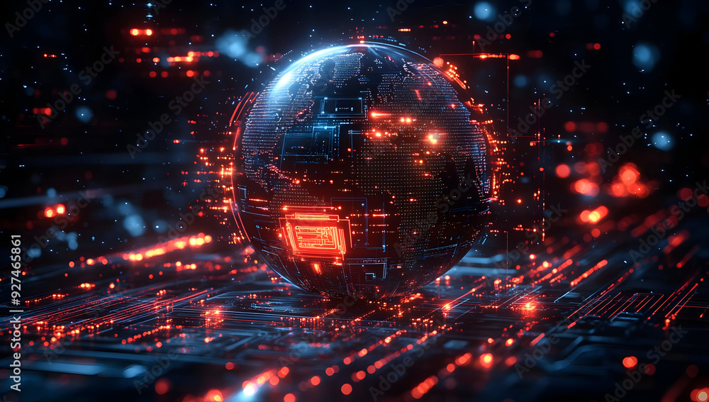 Poster futuristic globe with glowing circuits, ideal for technology, digital art, and sci-fi themes creatin