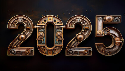 カレンダー。2025年を想像しながら、数字が輝くSFとファンタジーの世界に思いを馳せる。機械で作られた時計のような数字がキラキラと輝き未来の明るい希望にワクワクが止まらない。一見レトロな機械仕掛けの数字、回路や電子を駆使したデザインを造形で表現。オブジェがインテリアとしても新たな価値をもたらす。