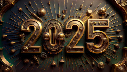 カレンダー。2025年を想像しながら、数字が輝くSFとファンタジーの世界に思いを馳せる。機械で作られた時計のような数字がキラキラと輝き未来の明るい希望にワクワクが止まらない。一見レトロな機械仕掛けの数字、回路や電子を駆使したデザインを造形で表現。オブジェがインテリアとしても新たな価値をもたらす。