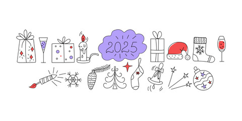 2025 year, doodle icons. Christmas, holiday, New Year. Holiday design, vector cartoon drawings. Christmas trees, gifts, Santa hat, candle. Wine, champagne in glasses.