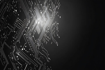 A modern abstract circuit design with silver lines and dots on a sleek dark background, ideal for technology-related templates and web design.
