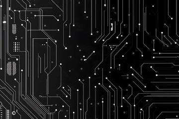 A modern abstract circuit design with silver lines and dots on a sleek dark background, ideal for technology-related templates and web design.