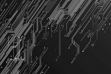 A modern abstract circuit design with silver lines and dots on a sleek dark background, ideal for technology-related templates and web design.