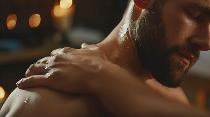 Unrecognizable masseur doing deep tissue massage on shoulders of anonymous client 