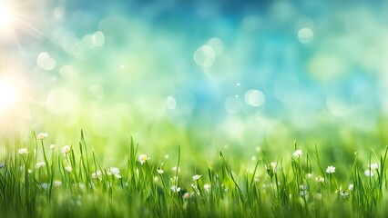 Fototapeta premium Beautiful sunny spring meadow with green grass and blue sky. Abstract background with light bokeh and space for text.