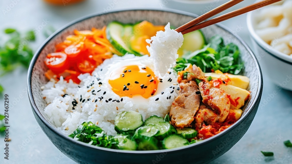 Wall mural a close-up of a rice bowl with chopsticks picking up the grains, surrounded by side dishes