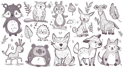 Vector cartoon sketch illustration with cute doodle animals
