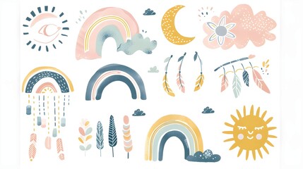 Obraz premium Vector hand drawn boho clipart for nursery decoration with cute rainbows and moon, sun, cloud, dream catcher. 