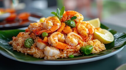 A close-up of a rice dish with spicy seafood, served on a banana leaf
