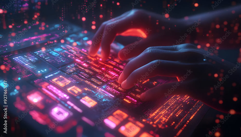 Poster futuristic keyboard with glowing keys and hands typing in a digital environment, showcasing advanced