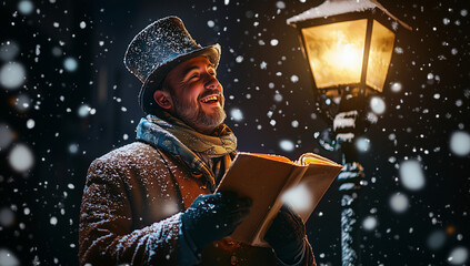 Victorian Caroler on a Snowy Evening: A Nostalgic Holiday Portrait.  Studio portrait capturing the joyful essence of a Victorian-era caroler, dressed in a traditional outfit complete with a top hat.