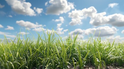 Obraz premium Lush Green Grass Blades Against a Cloudy Blue Sky