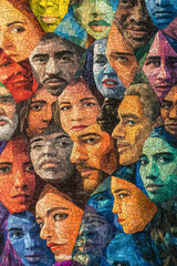 American Diversity in Faces. A beautifully crafted mosaic art featuring men and women of different ages, genders, and ethnicities, expressing unity and the strength of the collective American identity