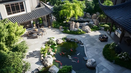 Villa garden design, landscape area Chinese style courtyard, central rockery, koi pond, stone road, green plants, traditional Chinese tables and chairs, bird's-eye view. 