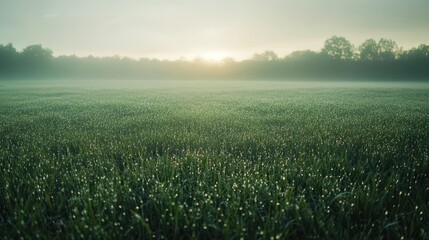 A serene landscape with dew-covered grass at sunrise, creating a tranquil atmosphere.