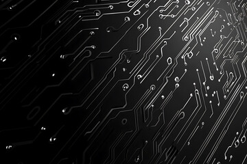 A modern abstract circuit design with silver lines and dots on a sleek dark background, ideal for technology-related templates and web design.