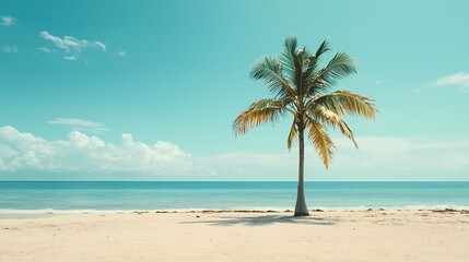 Obraz premium A serene beach scene featuring a tall palm tree against a vibrant turquoise sky and calm ocean, perfect for relaxation and escape.
