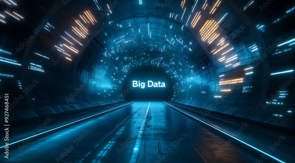 Poster futuristic tunnel visualizing big data with glowing elements, representing advanced technology and d