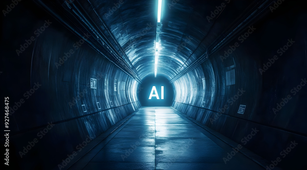 Poster futuristic tunnel with glowing ai sign, symbolizing technology and innovation in artificial intellig