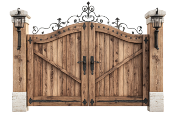 Elegant wooden gate with ornate metalwork and lamps, enhancing the charm of any property entrance.