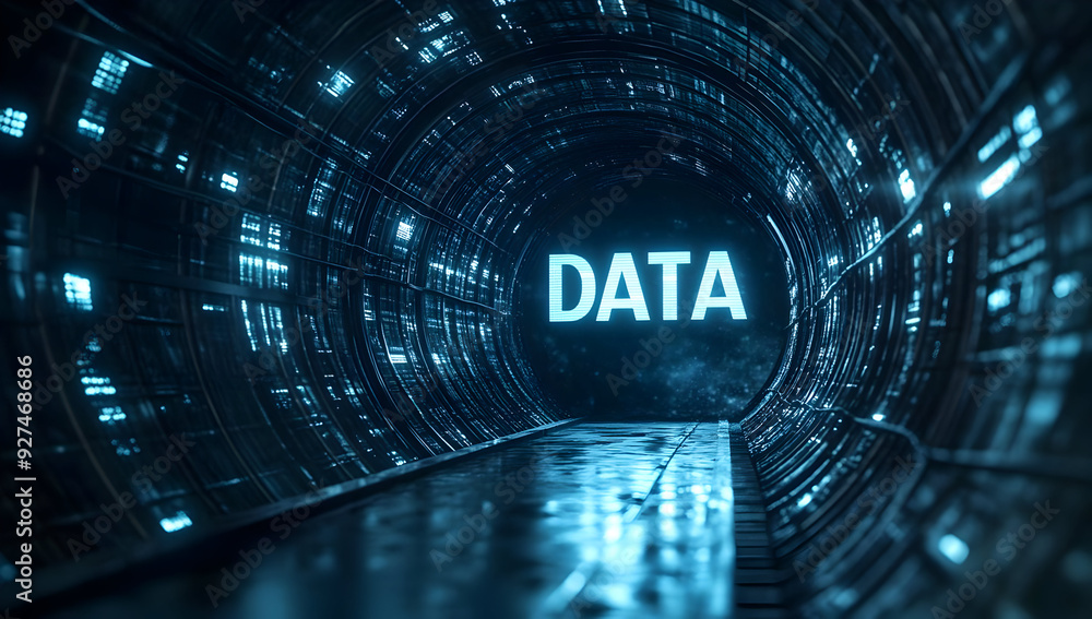 Poster futuristic tunnel with glowing 'data' sign, representing data flow and technology. ideal for themes 