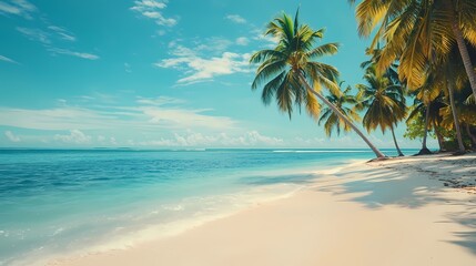A serene tropical beach scene with swaying palm trees, golden sand, and crystal-clear water under a bright blue sky.