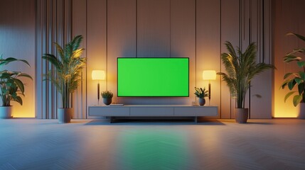 A modern home theater setup with a large green screen chromakey TV, ambient lighting, and comfortable seating for an immersive experience.