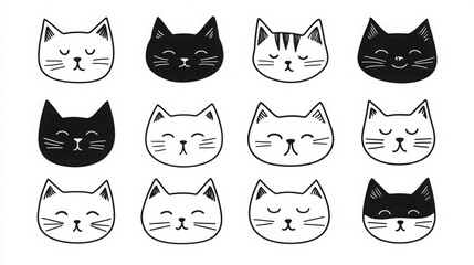 Obraz premium Adorable Cat Emoticons Collection: High-Definition Black and White Vector Line Drawings in Large Format